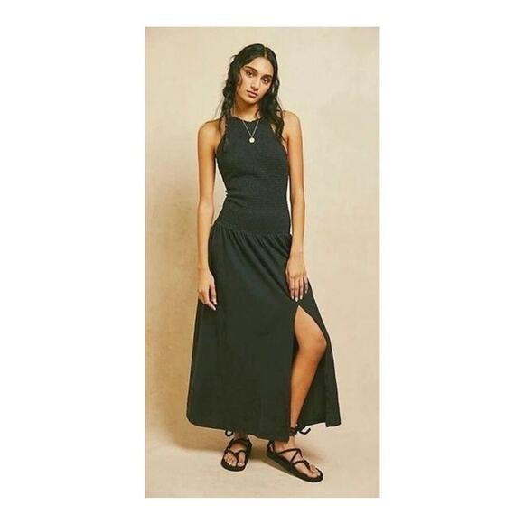 Free People Dresses & Skirts - Free People Beach Spell on You Drop Waist Maxi Dress L Black Smocked High Neck